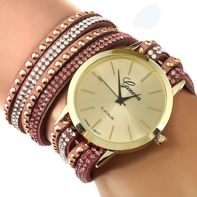 Gnova Platinum Women Geneva Wrap Bracelet Watch Double Crystal Large Gnova Platinum Women Geneva Wrap Bracelet Watch Double Crystal Large Strap Golden Dots Rhinestone Quartz Og