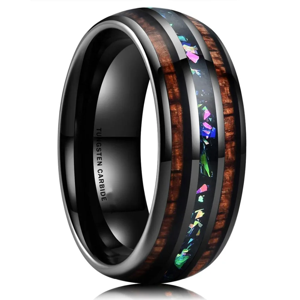 

Customize Wholesale Black Mens Tungsten Carbide Rings with Real Wood & Colorful Fragments Multicolor Opal Inlay
