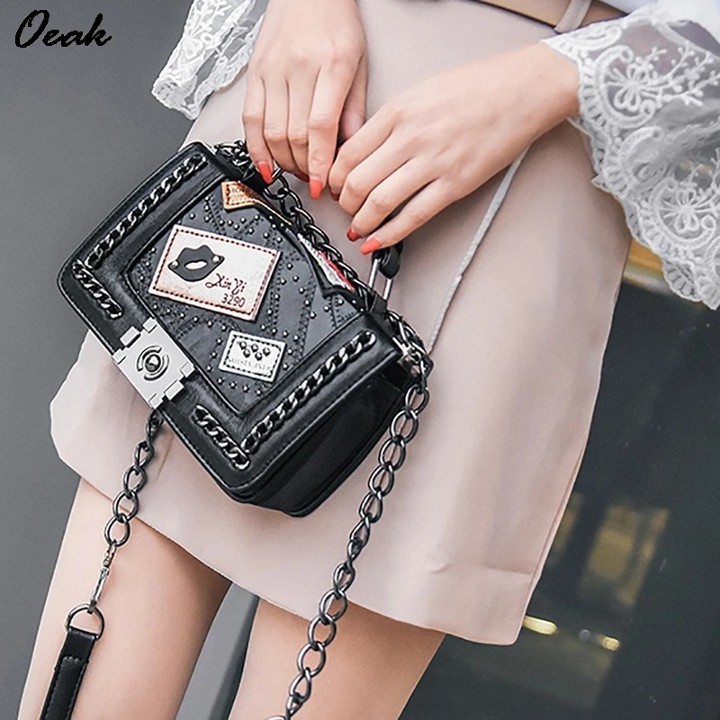 

SHUJIN Women PU Leather Handbag Messenger Bag Embroidery Rivets Lock Embroidery Chain Bag Tide National Wind Small Square Bag