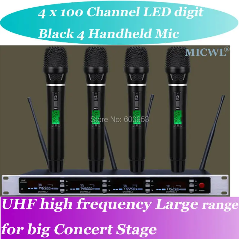 

MICWL SP4 Wireless DJ & Karaoke Microphone System 4 Handheld High-End UHF LED digital Black Hand Sets