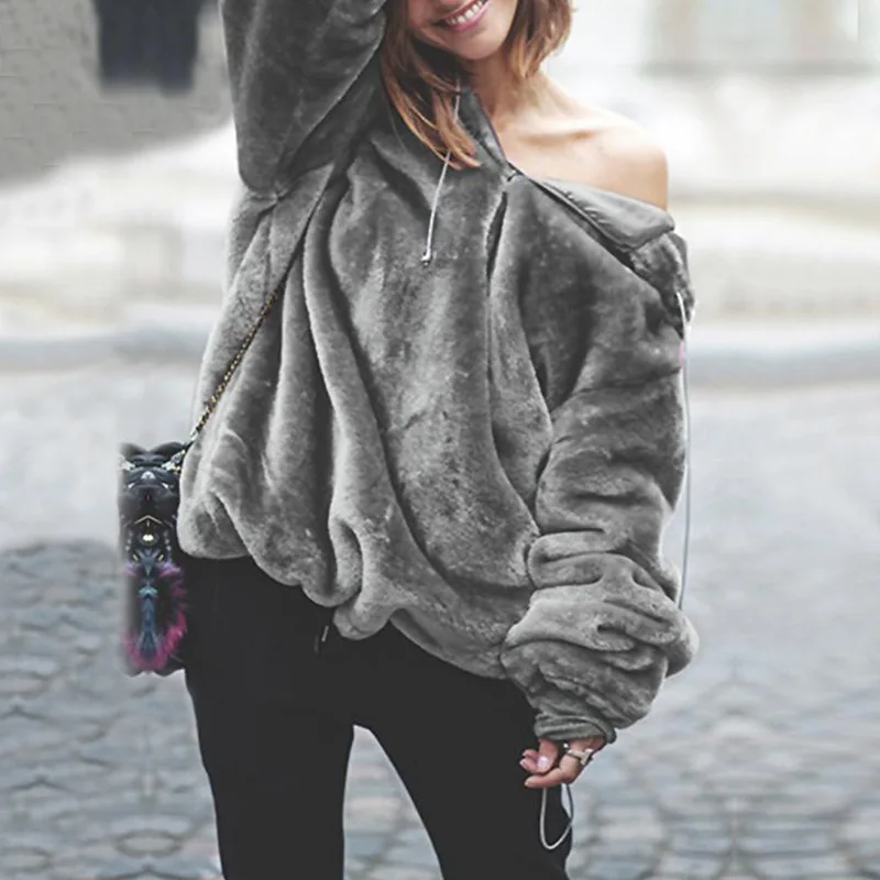 

New Casual Women Solid Loose Hooded Drawstring Long Sleeve Warm Winter Hairy Outerwear Sweatshirt Pullover Tops Streetwear