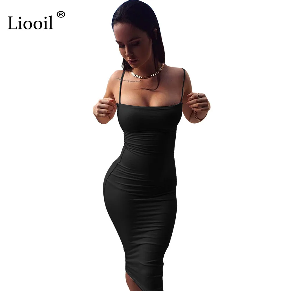 Liooil Sexy Spaghetti Strap Midi Dress Sleeveless Backless Bodycon Bandage Black Blue Red Celebrity Women Party Dresses Clubwear