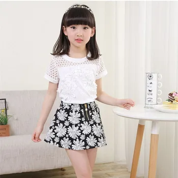 

2019 Brand Girls Summer Hollow Shirts Top+Print Skirt Suit Girls Princess School Casual Clothing Set Kid Sport Clothes Set