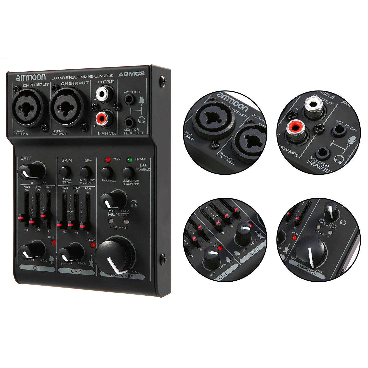 ammoon AGM02 2-Channel Sound Card Mixing Console Digital Audio Mixer 2-band EQ Built-in 48V Phantom Power 5V USB Powered