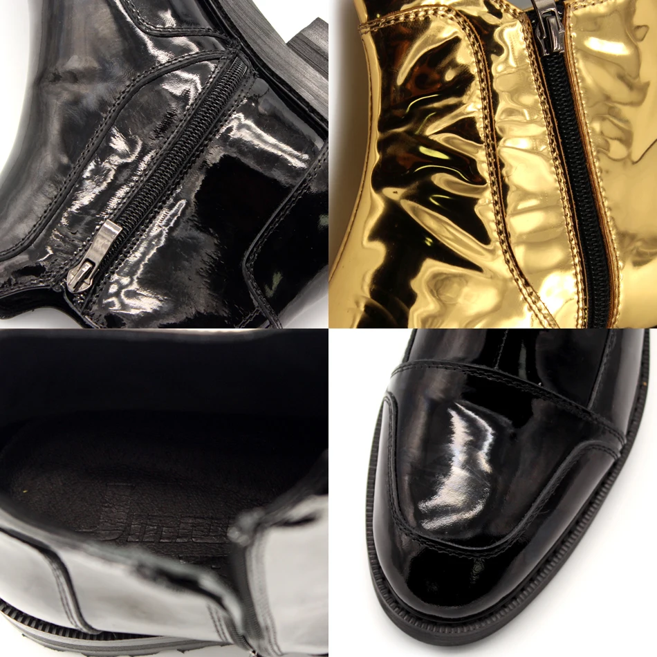 Новые стильные ботильоны с острым носком золотистого и черного цвета из натуральной лакированной кожи, короткие ботинки на молнии, Мужская Уличная обувь