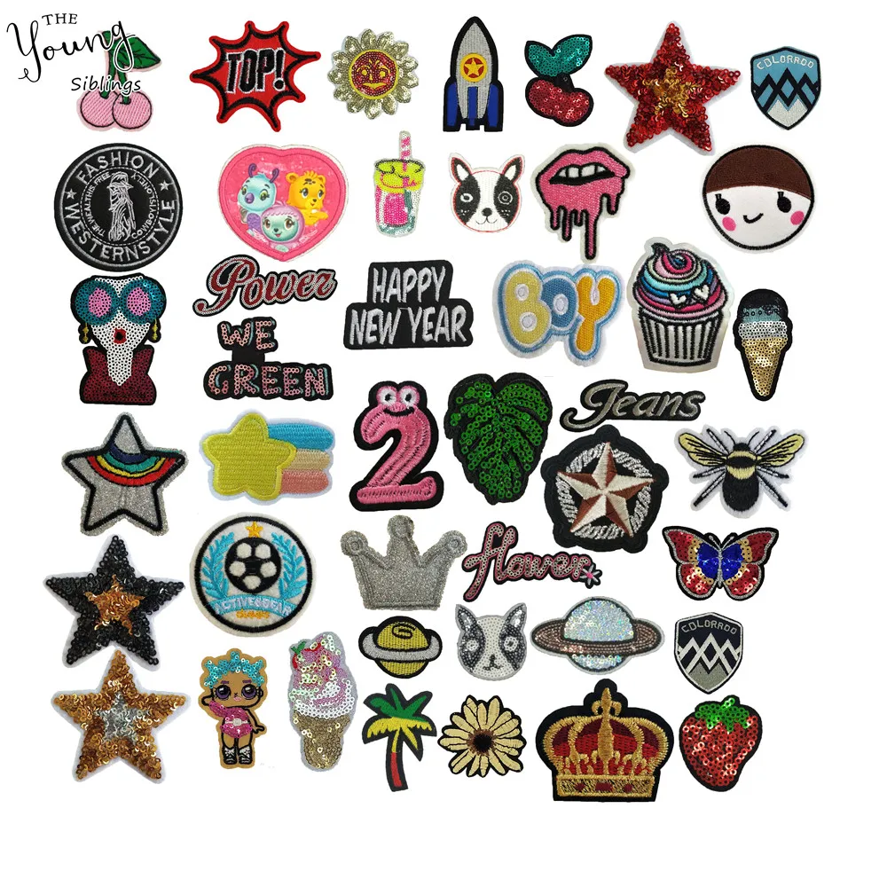 

Hot sale mixture Embroidery Patches Iron on Patches for kids Clothing DIY Stripes Cartoon Dog Stickers Appliques Sequin Badges