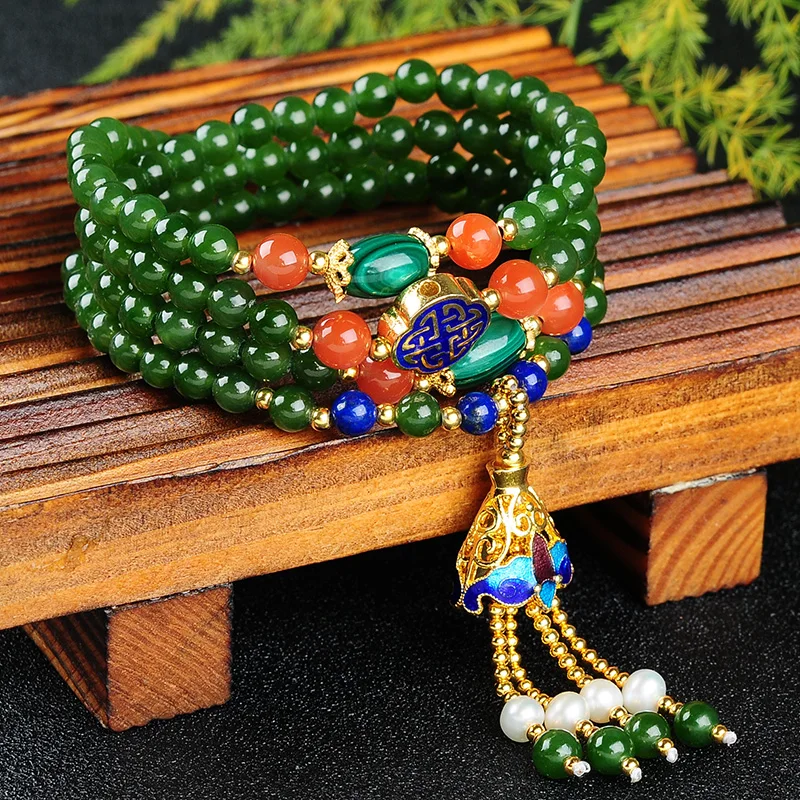 

Natural yu bead string four spinach green jasper bracelet genuine female Hetian yu bracelet fringed with certificate