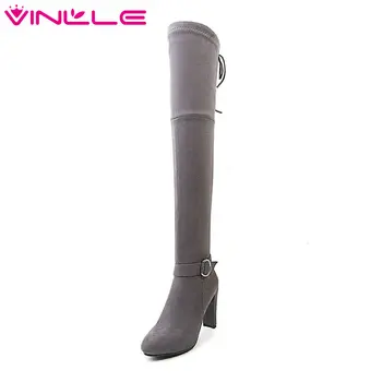 

VINLLE 2020 Women Shoes Over The Knee Boots High Heel Pointed Toe Elastic Lace Up Black Ladies Motorcycle Shoes Size 34-43