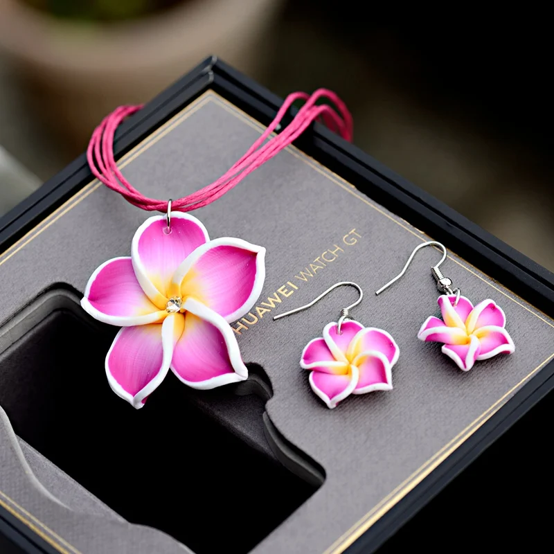 TopHanqi 1set 6color Summer Beach Hawaiian Clay Fimo Frangipani Flower Necklace Earrings Jewelry Sets For Children Girls