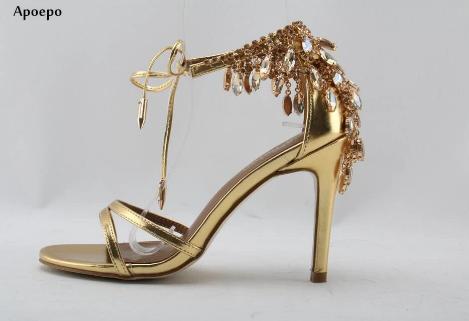 

New Gold Leather High Heel Sandal for Woman 2018 Bling Bling Crystal Embellished Lace-up Wedding Heels Sexdy Open Toe Sandal