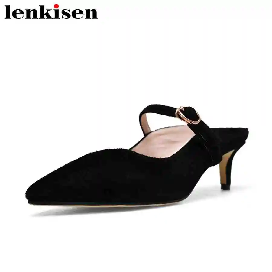 

Lenkisen metal buckle kid suede plus size pointed toe med heels slip on solid simple style party mules women leather sandals L95