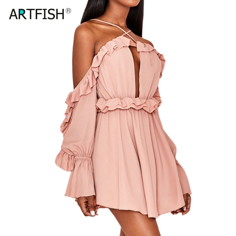 

Boho Women Vacation Chiffon Off Shoulder Mini Dress Sweet Ruffles Hollow Front Cross Puff Long Sleeve Lady Beach Sundress GV567