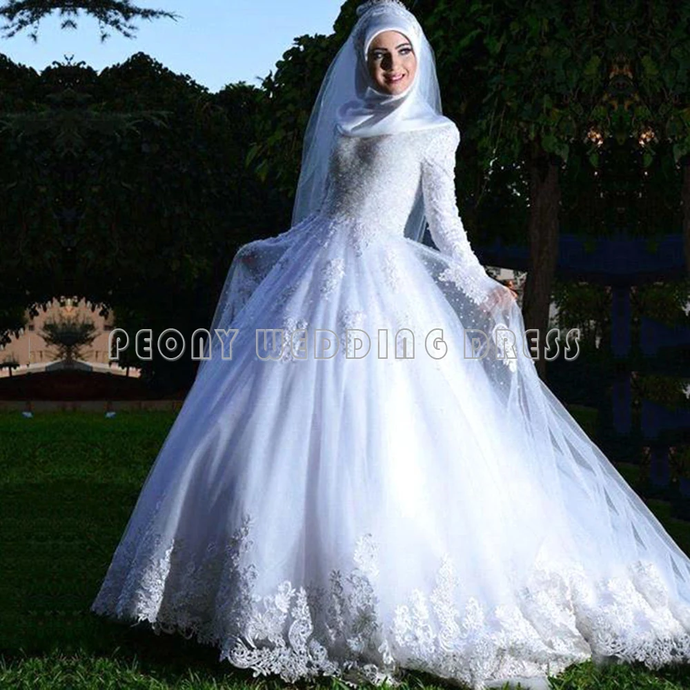 Beautiful White Beaded Lace Muslim  Wedding  Dresses  Tulle 