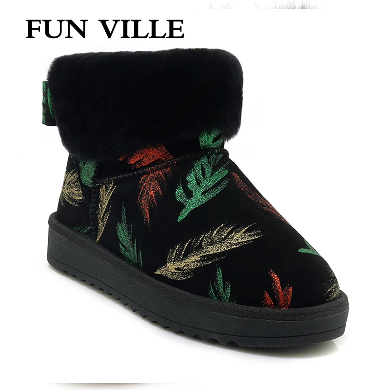 

FUN VILLE 2018 New Fashion Women Snow boots Thick Heel Platform shoes Fur Warm Winter Boots Round Toe Femal winter Flat shoes