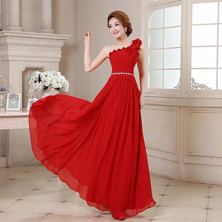 

2017 New Evening Dresses Elegant Red A-Line Bride Gown One Shoulder Chiffon Ball Prom Party Homecoming/Graduation Formal Dress