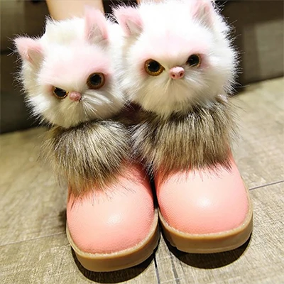 Голова кота из мультфильма, женские ботильоны с круглым носком, плюшевые зимние ботинки для женщин, Нескользящие теплые зимние ботинки г., Прямая поставка - Цвет: Pink