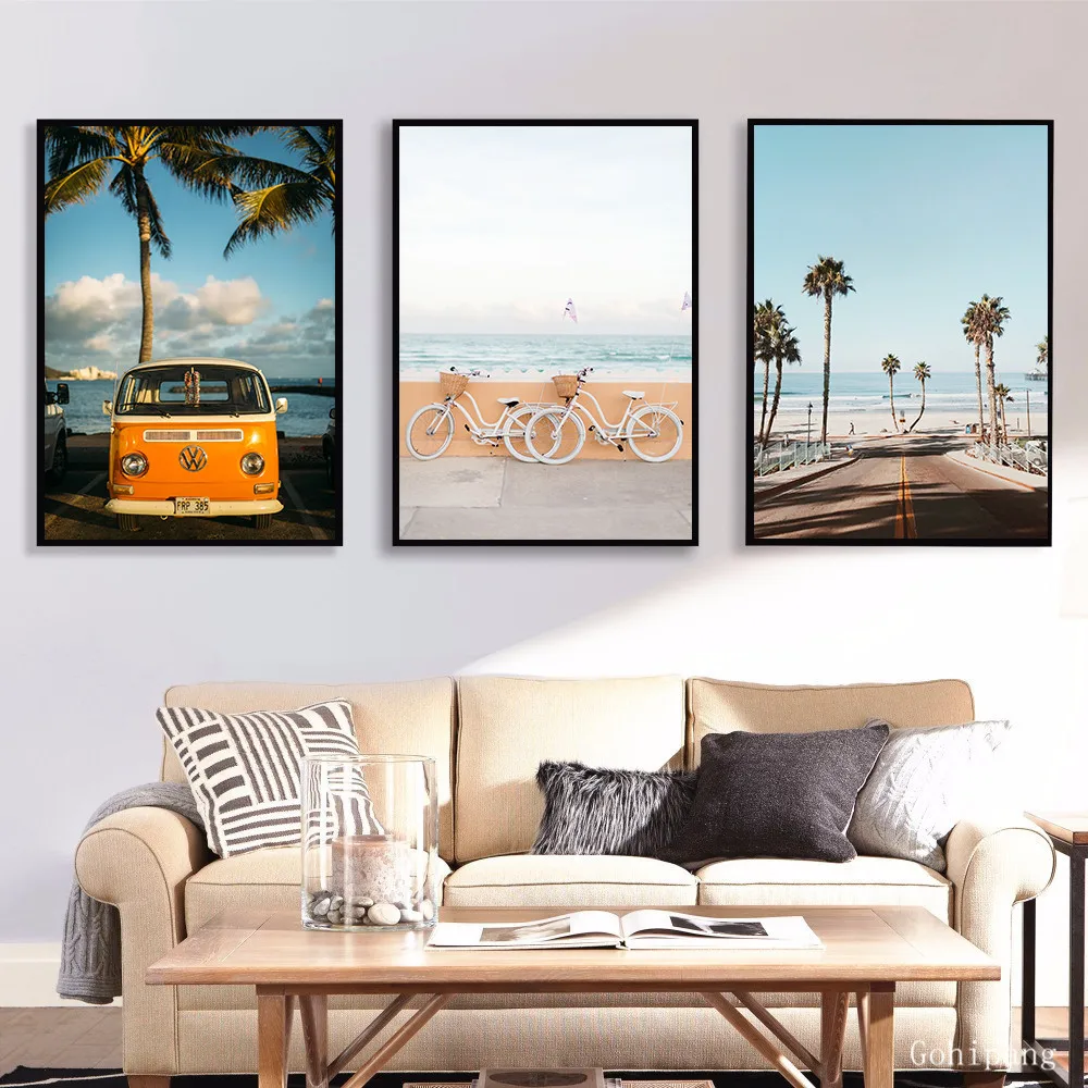 Nordic Scandinavian Decoration Tropical Landscape Posters Modern Prints Bike Sea Beach Bus Wall Art Canvas Painting Pictures