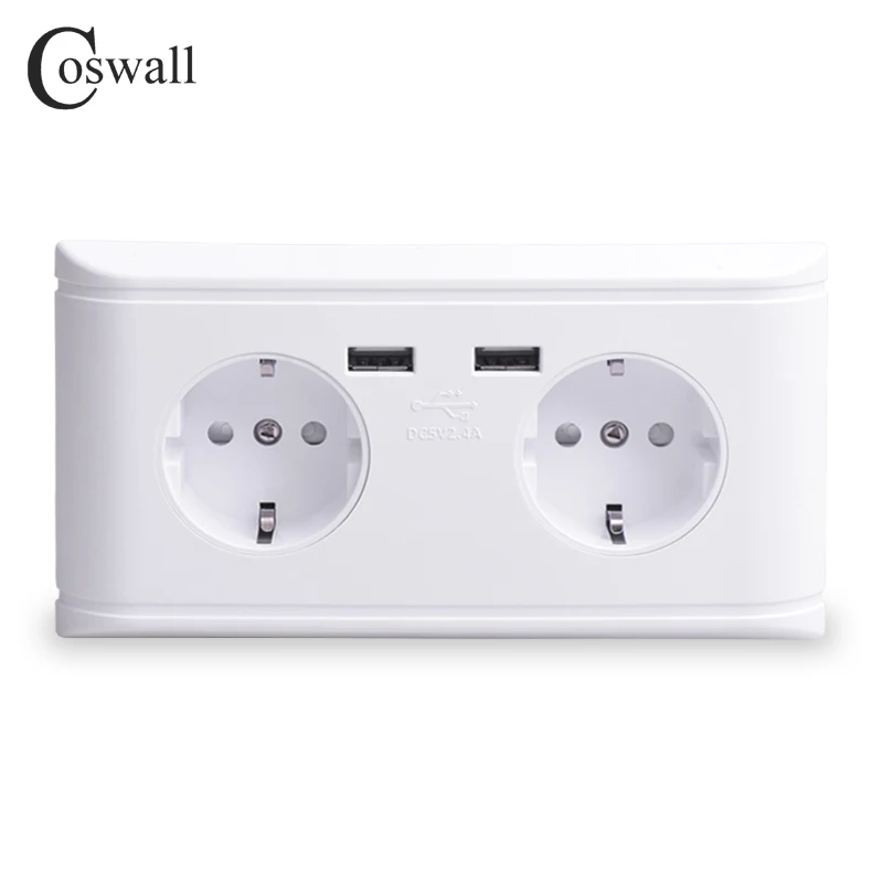 Coswall, двойной USB порт для зарядки, 5 В, 2,4 А, 16А, настенный, Россия, Испания, стандартный разъем питания, двойная розетка европейского стандарта, зарядное устройство, адаптер