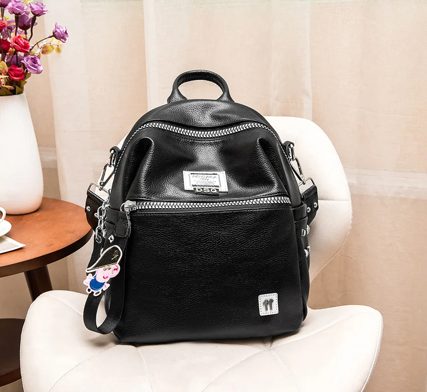 

New Black Backpack Washed Leather Multi Functional Women Bags Shoulder Fashion Travel Rivets Bag Sac Teenage Girl Backpacks