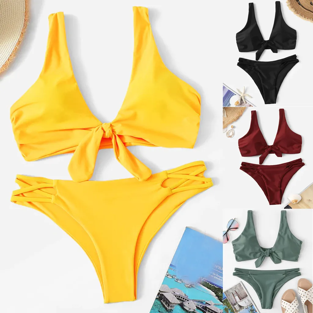 

Swimwear Women Yellow Bikini 2019 Sexy Bikini Push Up Solid Bathing Suit Women Beachwear Bow Swiming Suit Womens Bikinis 2019 #T