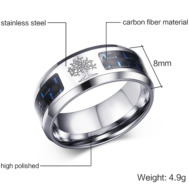 Новое 8 мм персонализированное кольцо из углеродного волокна для мужчин гравированное Дерево жизни из нержавеющей стали кольца мужские Регулируемые украшения для мальчиков подарки