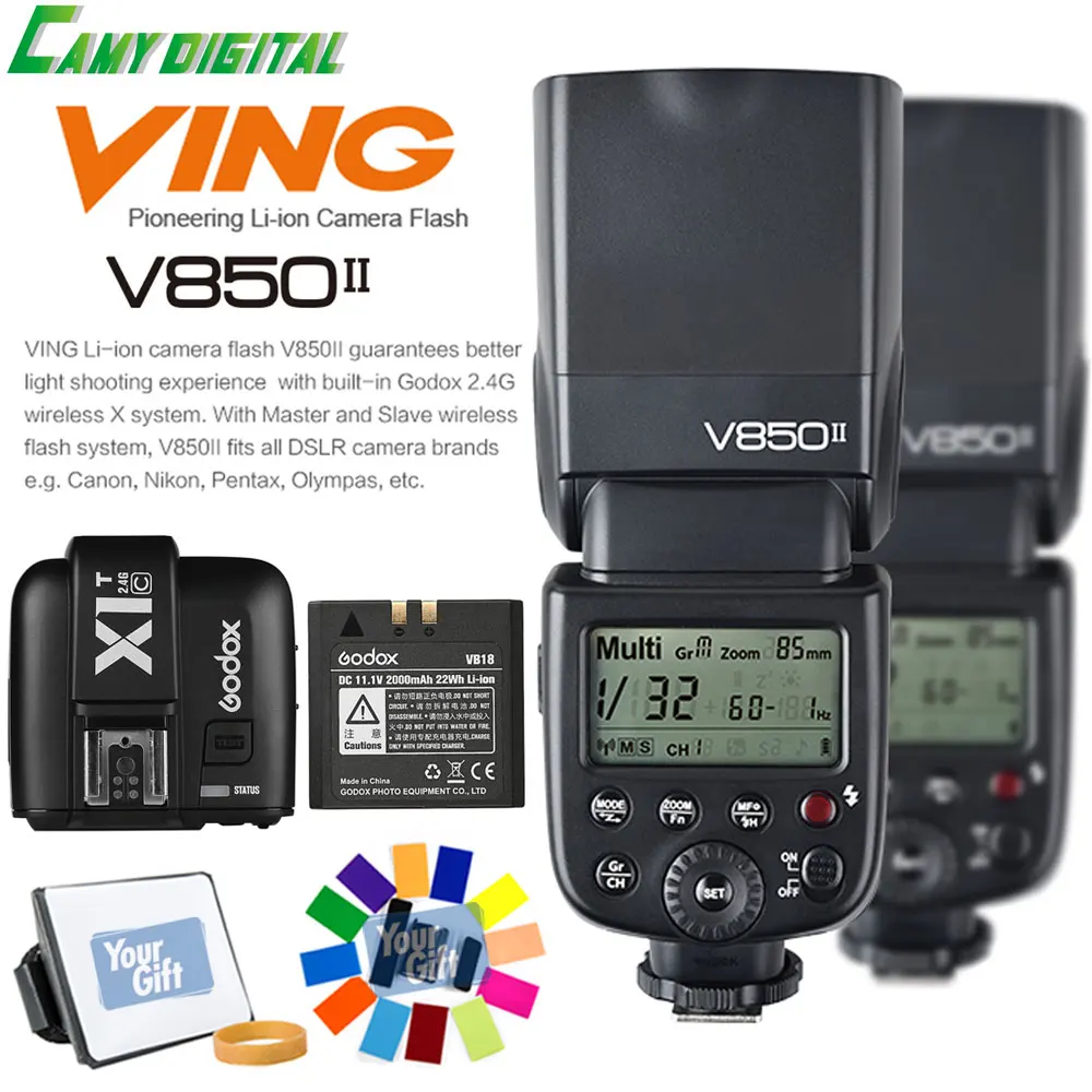 

Godox V850II GN60 HSS 1/8000s 2.4G Wireless X System With battery 2PCS*Speedlite+X1T-C/X1T-N/X1T-S+Gift Kit For Canon/Nikon/Sony