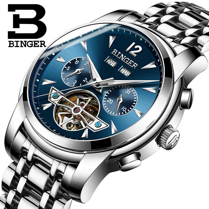 Несколько функций швейцарские БИНГЕР часы мужские Полный календарь турбийон сапфир Водонепроницаемые механические наручные часы B8608M3