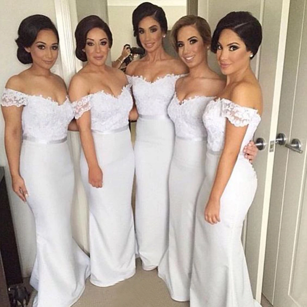 Высококачественное белое платье подружки невесты в стиле русалки вырез лодочкой с открытыми плечами аппликации эластичные атласные