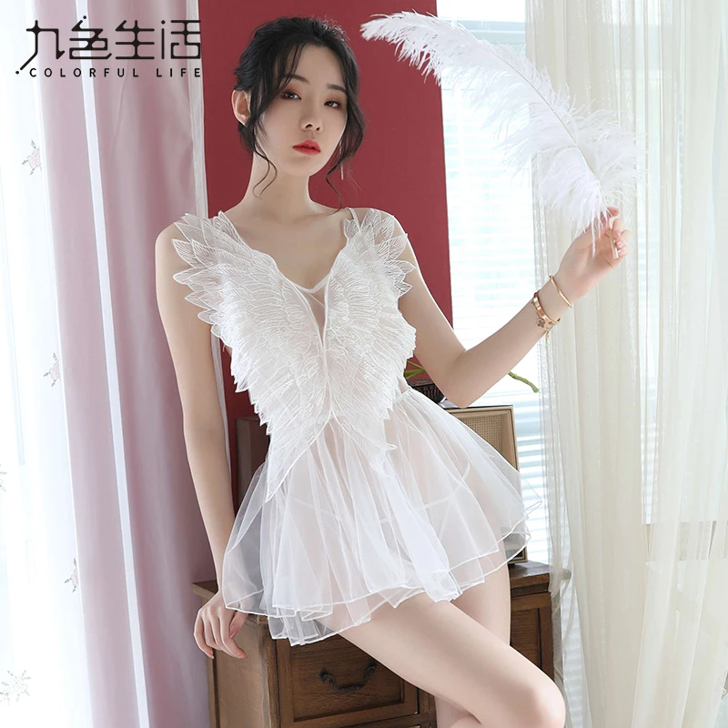 

New 2019 Angel Wings Front Backless Women Dress with G-string Perspective Lace Erotic Babydoll Costumes nightdress NS0776