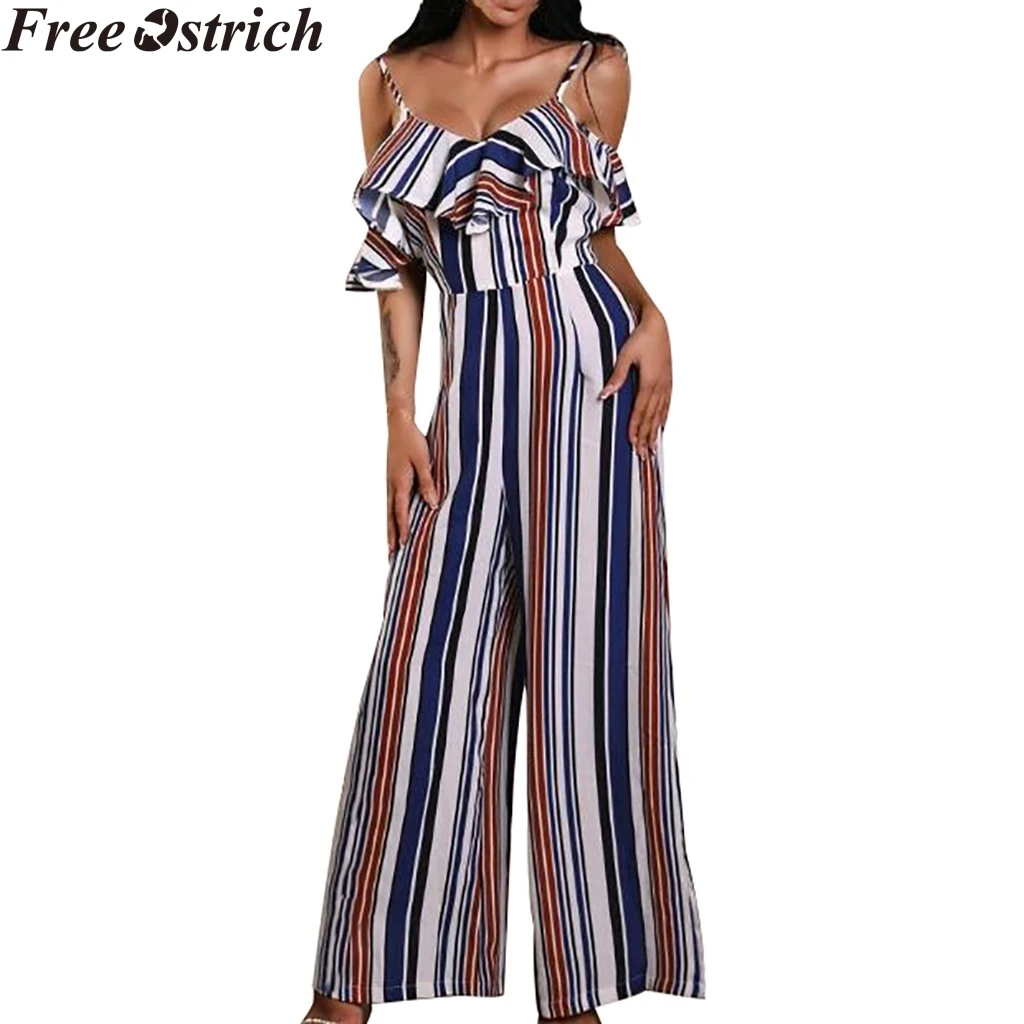 

Summer Women long striped jumpsuit straps ruffled high waist halter jumpsuit Ladies sleeveless O-neck loose fashion rompers