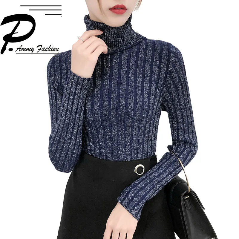 

Fall Winter Turtleneck Long Sleeve Silver Sweater women Autumn pullover knitted Tops Slim Jumper Casual Knitting Bottom shirt