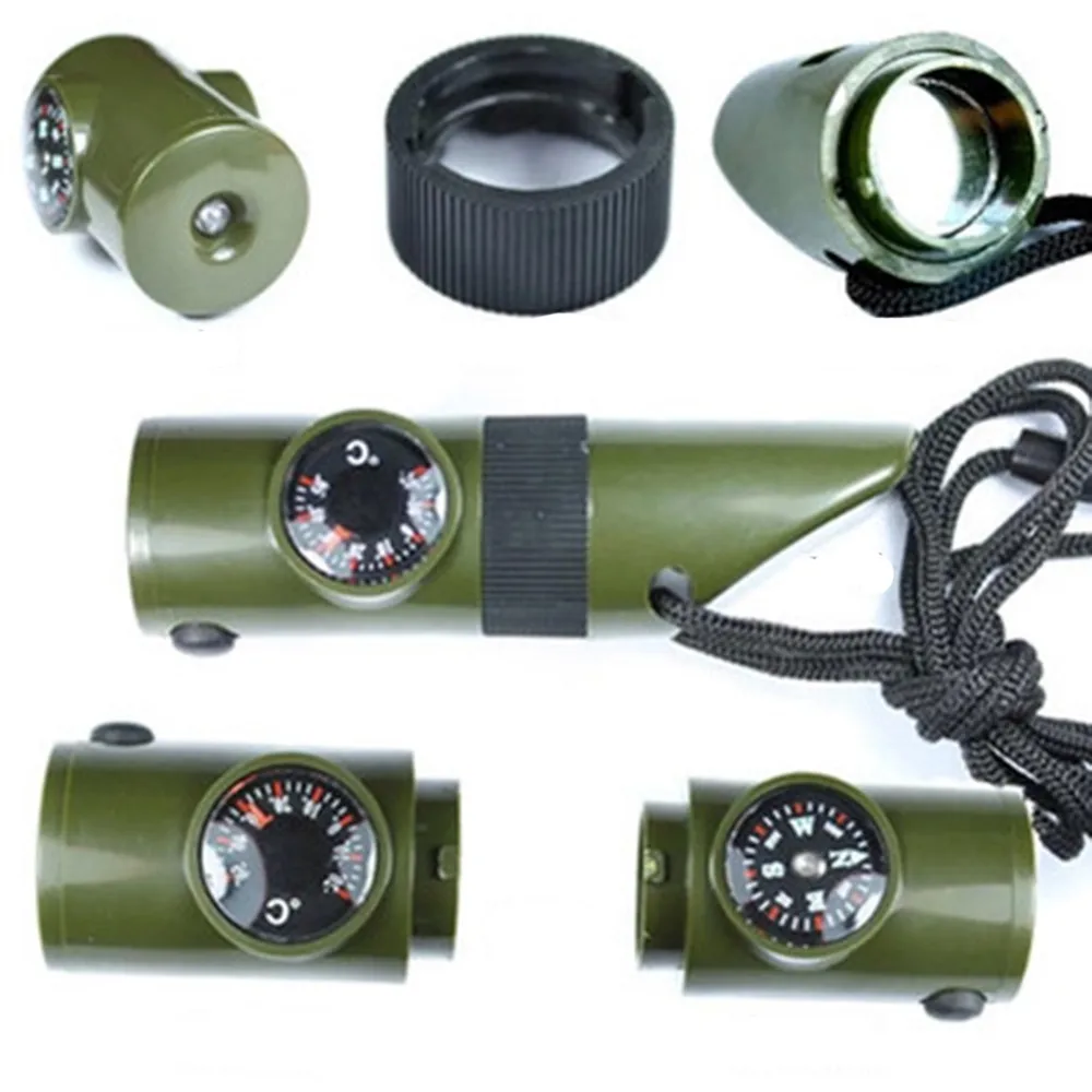 

New 7 in 1 Field Survival Whistle Compass Thermometer Flashlight Magnifier Set Outdoor Emergency Equipment camping equipment #20