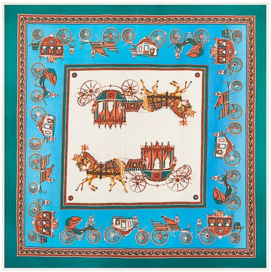 

POBING Luxury Brand 100% Silk Square Scarves Spain Carriage Print Hijab Horse Neckerchief Female Bandana Silk Foulard 130*130CM