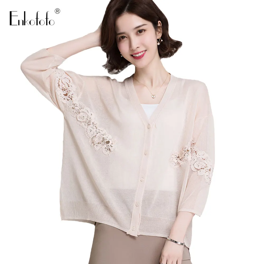 

2019 Summer Loose Thin Cardigan Women Coat Embroidery Flower Spring and Autumn Fashion V-Neck 3/4 Crochet Knit Sweater Tops
