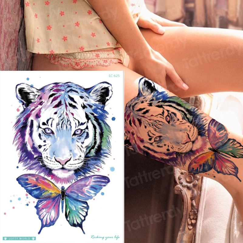 Король Королева тату Тигр Лев животные временная татуировка наклейка волк лиса Водонепроницаемая татуировка для мужчин девочек сексуальные наклейки для боди-арта