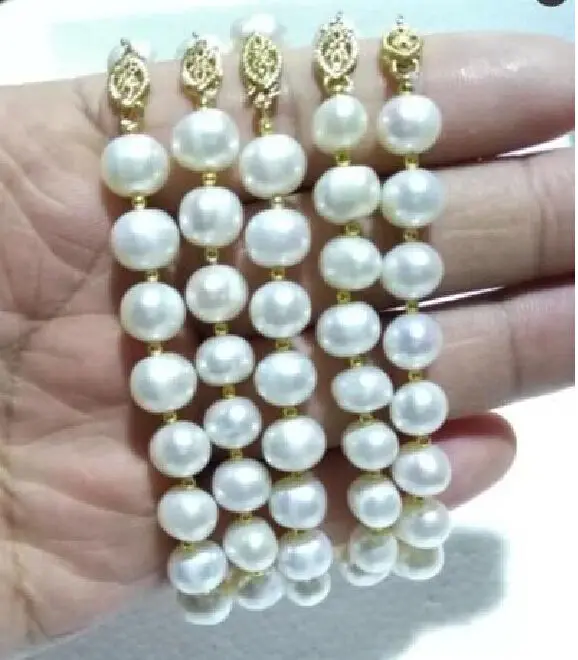 

5PC AAA 9-10MM SOUTH SEA GENUINE WHITE PEARL BRACELET 7.5-8" 14KGP GOLD CLASP r