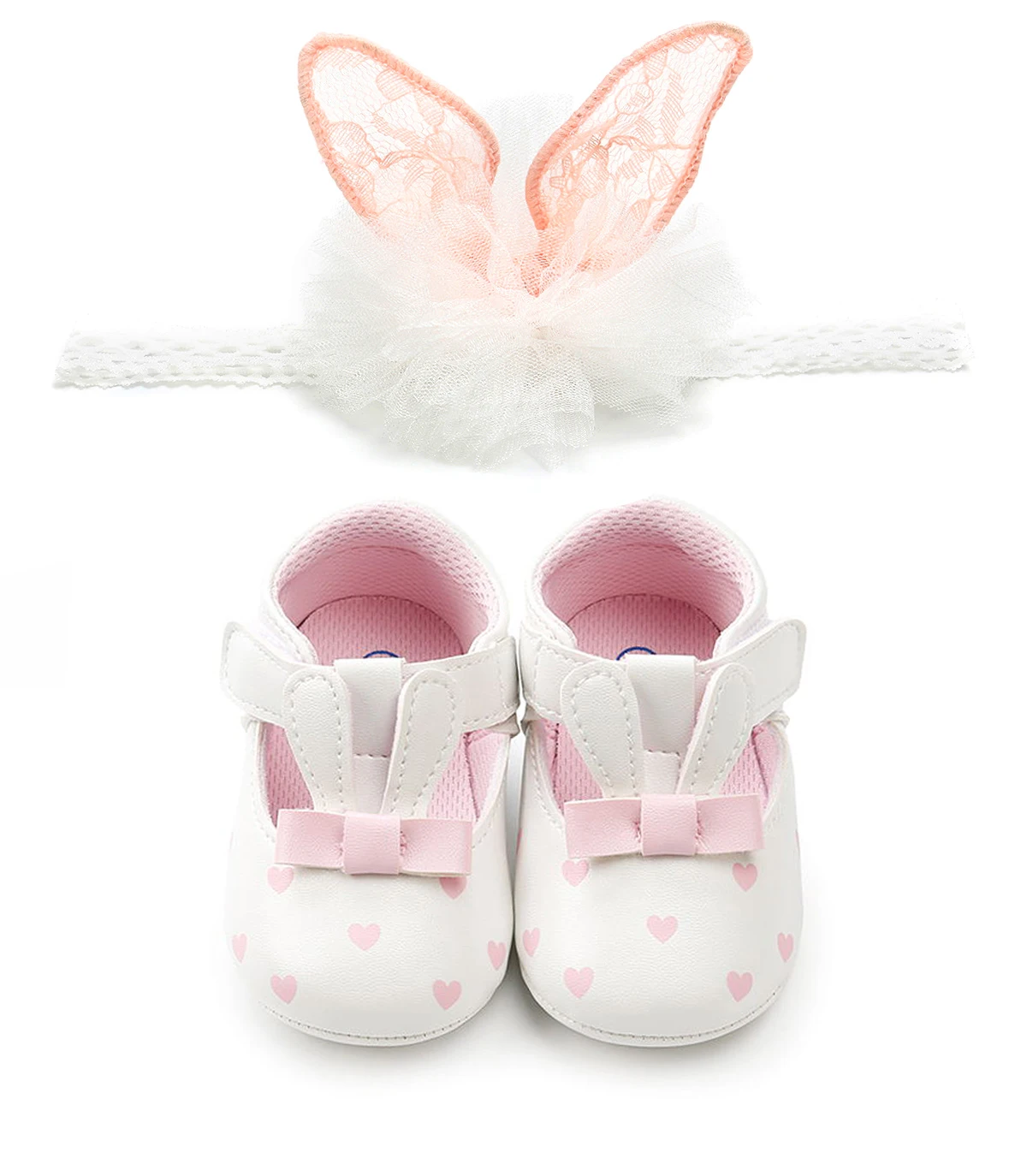 Новорожденных принцесс первые ходунки для маленьких девочек ободок с заячьими ушами+ обувь комплект из 2 предметов милые противоскользящие кожаные кроватки мягкая подошва детские кроссовки - Цвет: Белый