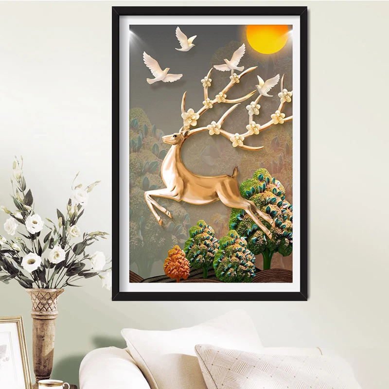 QIANZEHUI-DIY-Diamond-Embroidery-Round-Diamond-Full-rhinestone-5D-Fortune-Tree-Elk-Diamond-painting-cross-stitch (2)