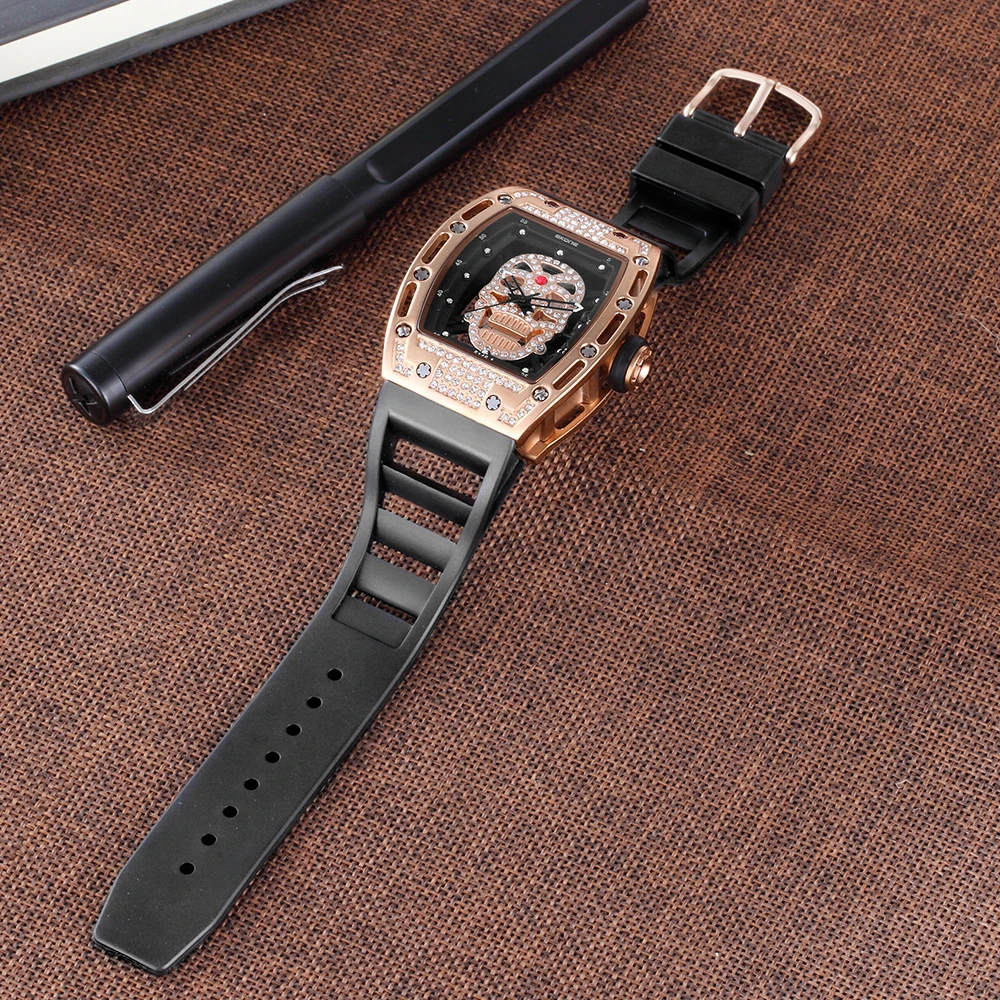 TOP SKONE Quartz wristwatches Military Silicone Strap Rectangle Dial Skull Face Men Watches Wrist Watches 3D Scrub Dial Genuine