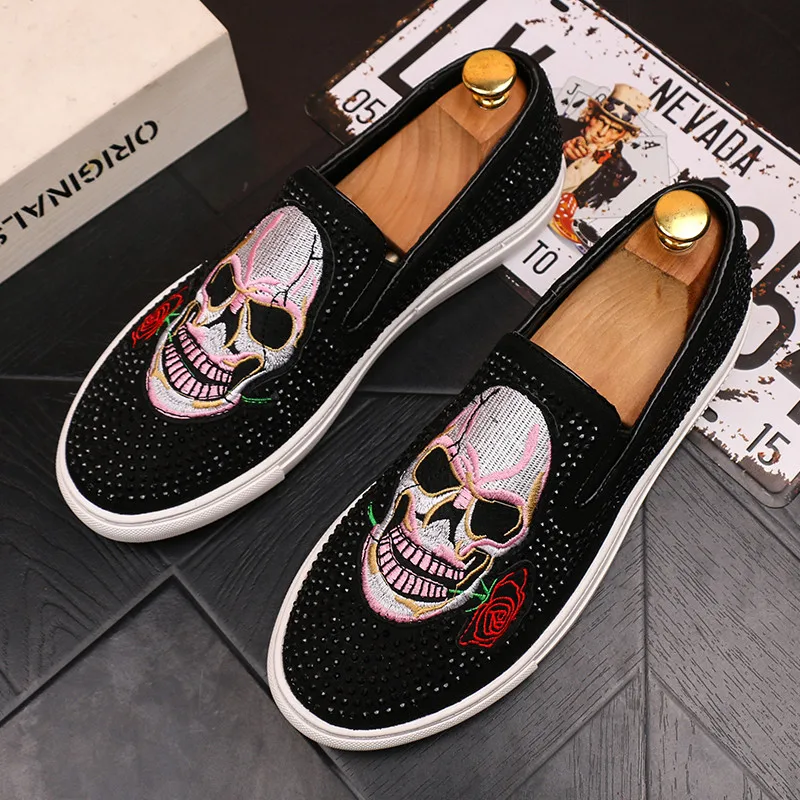 

Rhinestone Men Loafers Skull Print Shoes Slip On Breathable Casual Men's Shoes Soft Non-slip Man's Flat 6#21D50