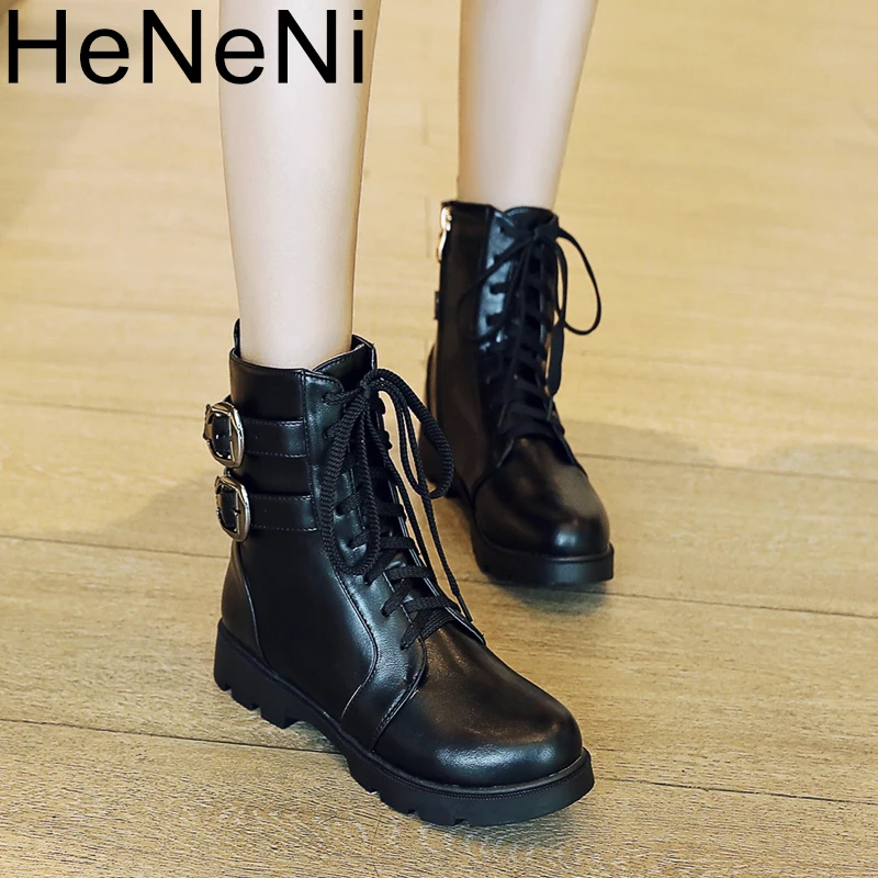 

Women Ankle Boots Winter 2018 Fashion Round Toe Lace-up Combat Martin Boots Ladies Platform Shoes Equestr Boots Size 34-43