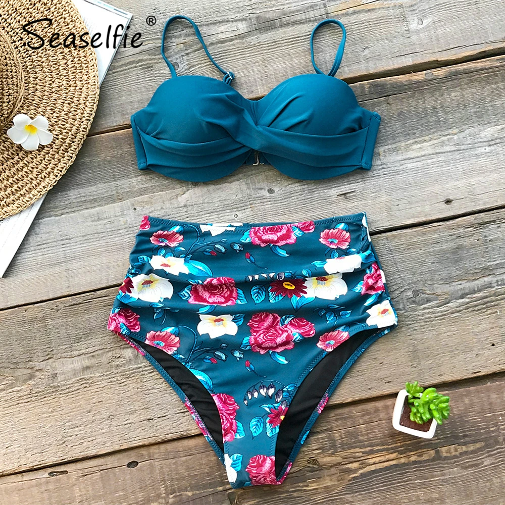 

SEASELFIE Blue Floral High Waist Bikini Sets Women Sexy Moulded Cup Push Up Two Pieces Swimsuits 2019 Girl Beach Bathing Suit