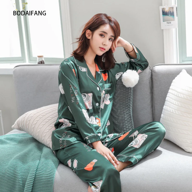 Autumn women Silk Satin Pajamas Set turndown collar Long