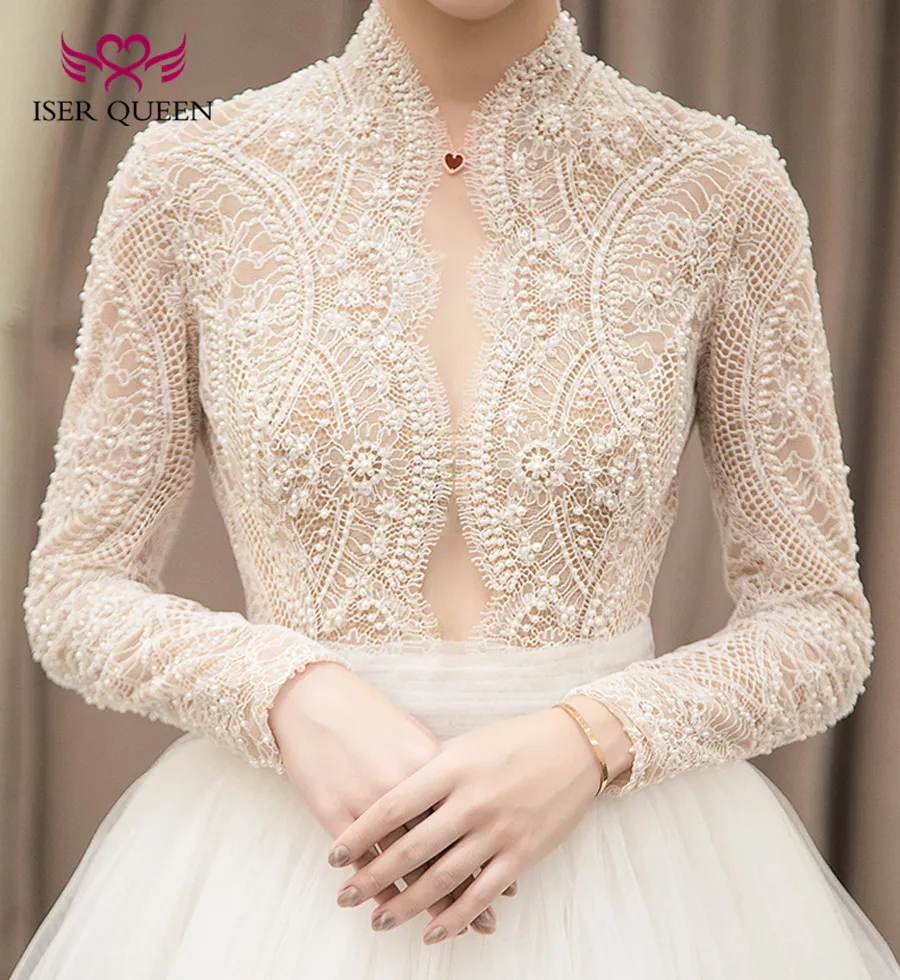 New White Beige Color Pearls Europe Elegant Tulle Wedding Dresses