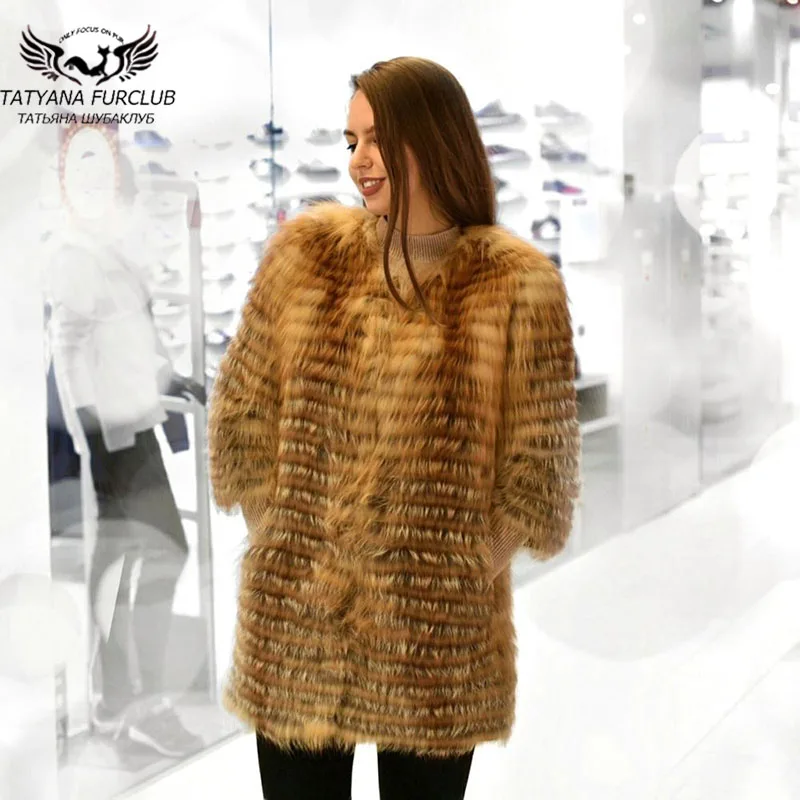 

2018 New Real Women Natural Golden Color Real Fox Fur Coat O-Neck Collar Soft Warm Long Real Fur Coat Grace Women Fur Jacket