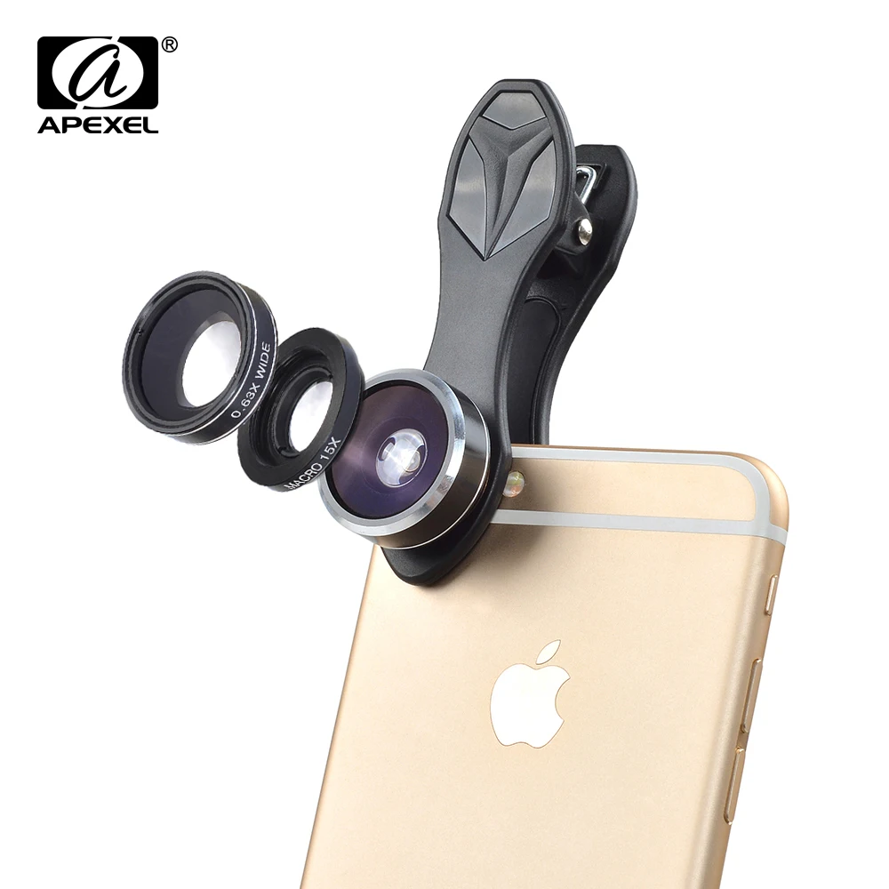 APEXEL fisheye 3in1 объектив камеры Kit 198 Fisheye + 0.63x Широкий формат и 15X макрообъектив для iPhone