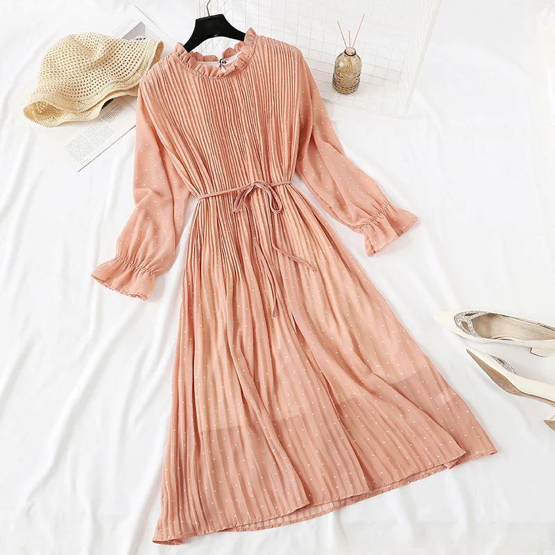 

2019 spring Chiffon Dress Women Retro Korean Style Nine points sleeve O Neck Plus size Dresses Print Vintage Loose Dress
