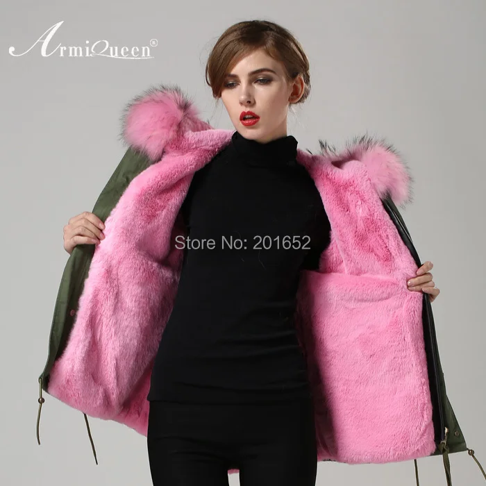 Sale 2015 Real Raccoon fur parke jacket mens womens pink faux fur lined coat  fashion show outwear c0153 1