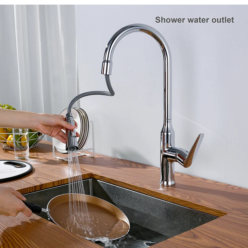 OLMEY High Arc Long Neck Brass Kitchen Sink Faucet, Two Ways Kitchen Mixer Sink Water Tap with Pull Out Sprayer 11002
