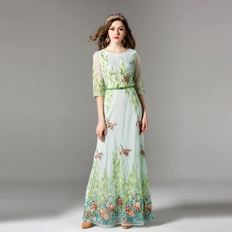 HIGH QUALITY Newest Fashion 2017 Designer Maxi Dress Women's Half Sleeve Embroidery Gauze Long